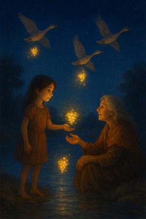 Varga-Ipacs Eszter: Csillag-szüret a Gyáli-pataknál című mese illusztrációja a Múzsák Könyvtárában