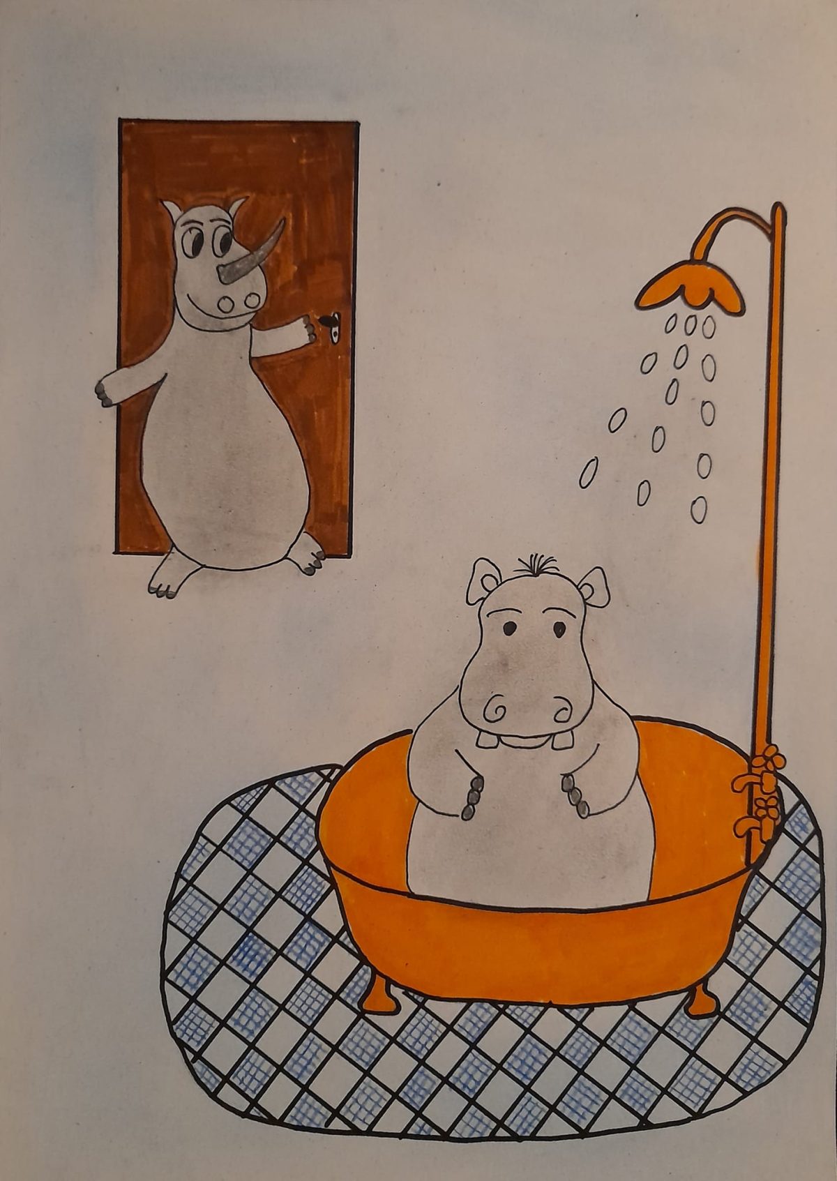 Bubrik Zseraldina: Orrszarvú Óttó, Víziló Valdemár és a fürdőkád című mese illusztrációja a Múzsák Könyvtárában