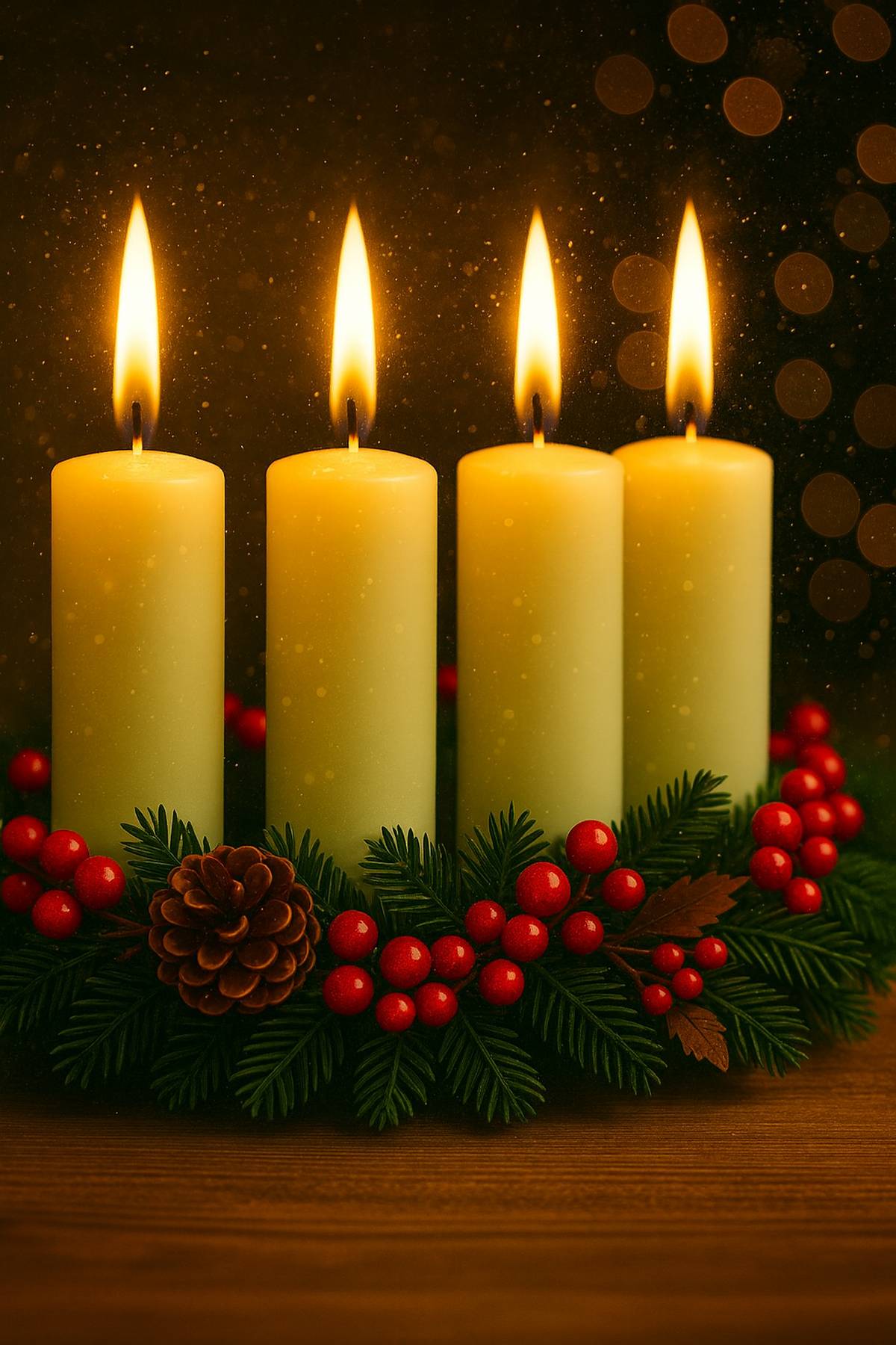 Adventi gyertyák meleg fénye karácsonyi díszekkel és bokeh háttérrel – meghitt ünnepi hangulat a Múzsák Könyvtára adventi történeteihez.