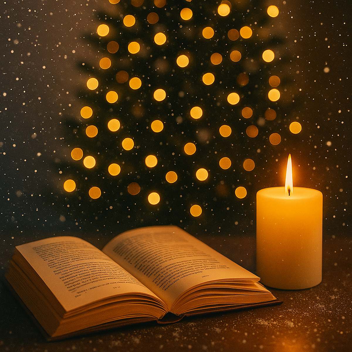 Meghitt karácsonyi novella hangulat: gyertyafénynél megvilágított nyitott könyv, háttérben fényfüzérekkel ragyogó karácsonyfa és hulló hó – szívmelengető, ünnepi történetekhez.