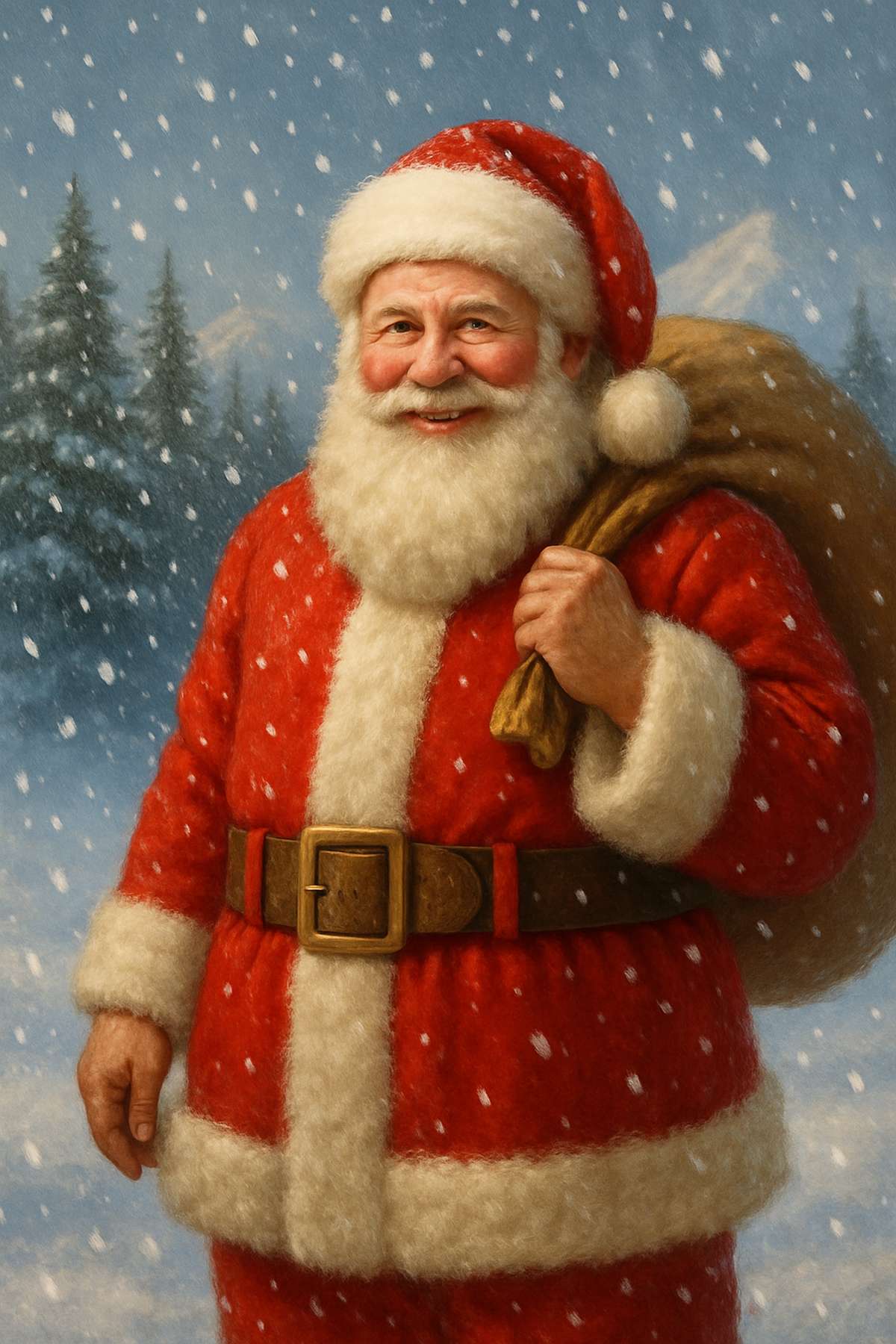 Mosolygó Mikulás havas téli tájban, vállán puttonnyal, sűrűen hulló hóesésben – meghitt, ünnepi karácsonyi hangulatot idéző Mikulás-kép magyar novellákhoz és mesékhez.