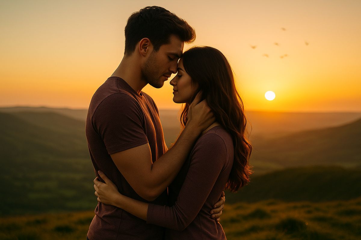 Romantikus pillanat a naplementében: fiatal szerelmes pár gyengéden összeérő homlokkal, meleg fényben, érzelmes hangulatú jelenet – Múzsák Könyvtára romantikus novellák témakép.