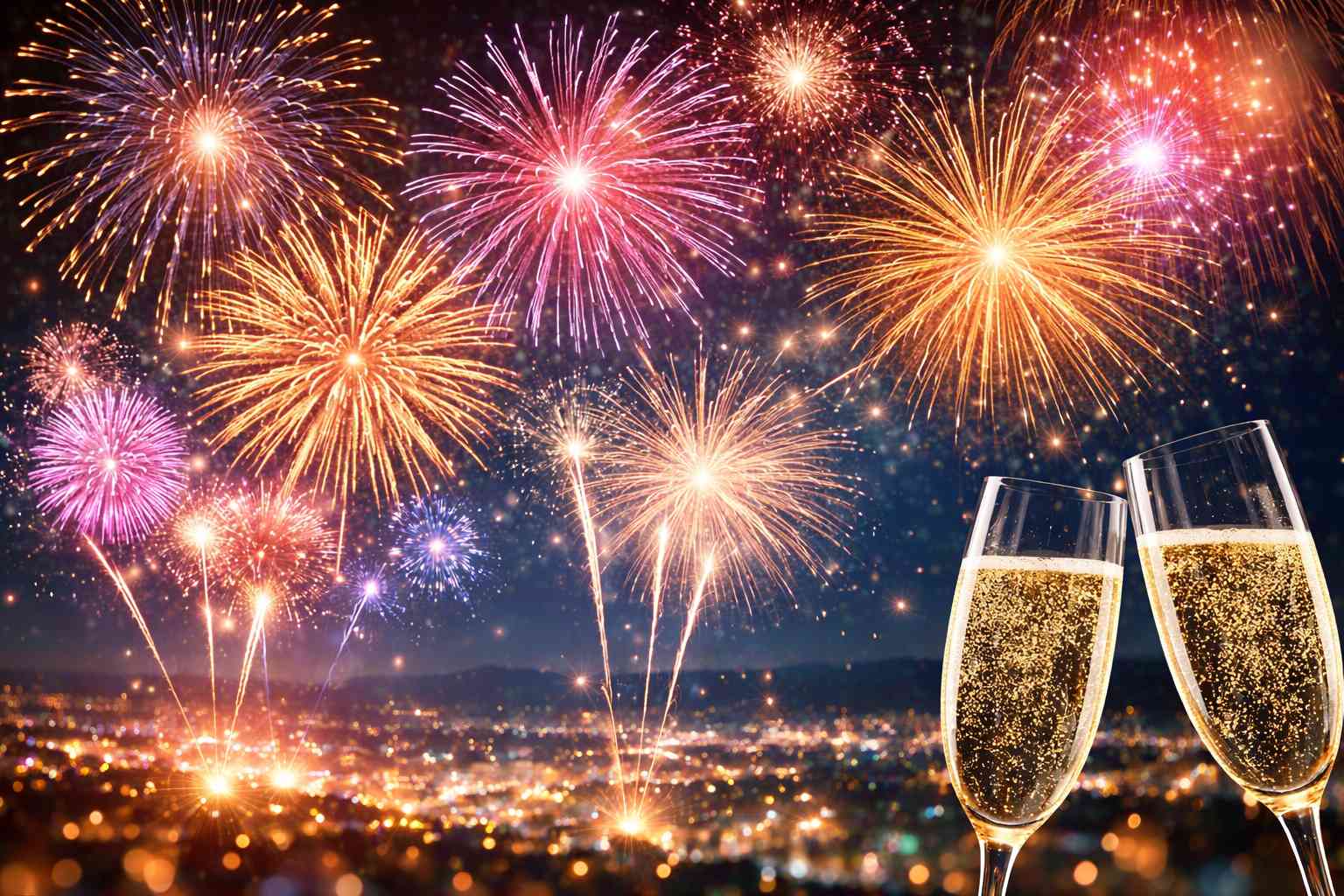 Szilveszteri tűzijáték az éjszakai égbolton, az új év ünnepi fényeivel.